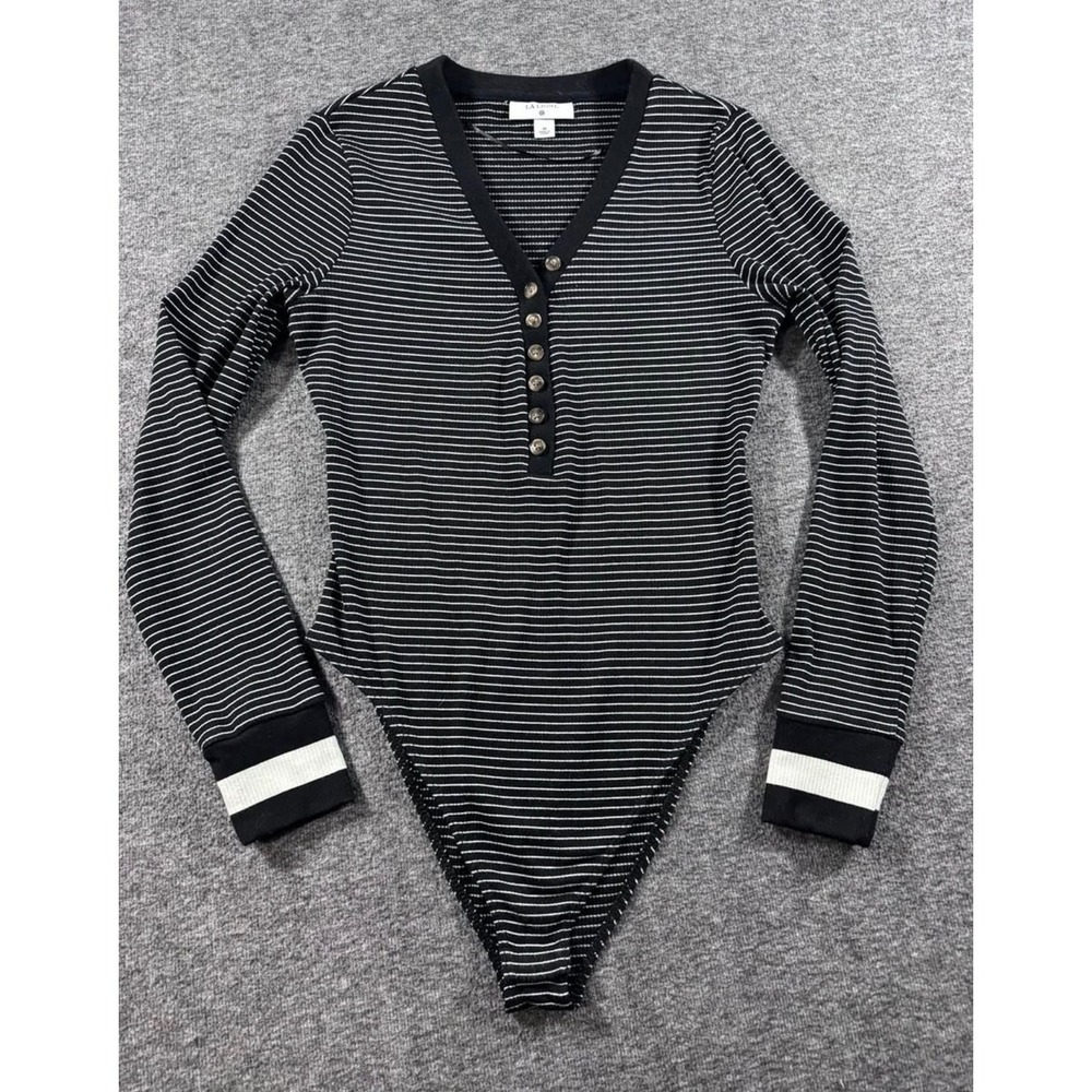 La Ligne Target Womens Black White Striped Henley Long‎ Sleeve Bodysuit Size M